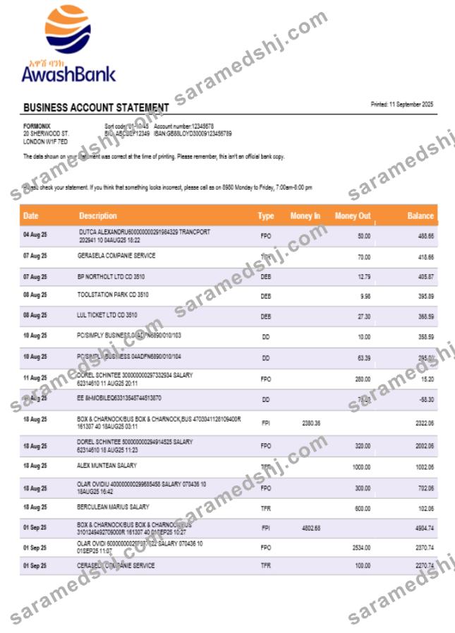 Awash Bank firm account statement Word and PDF template
